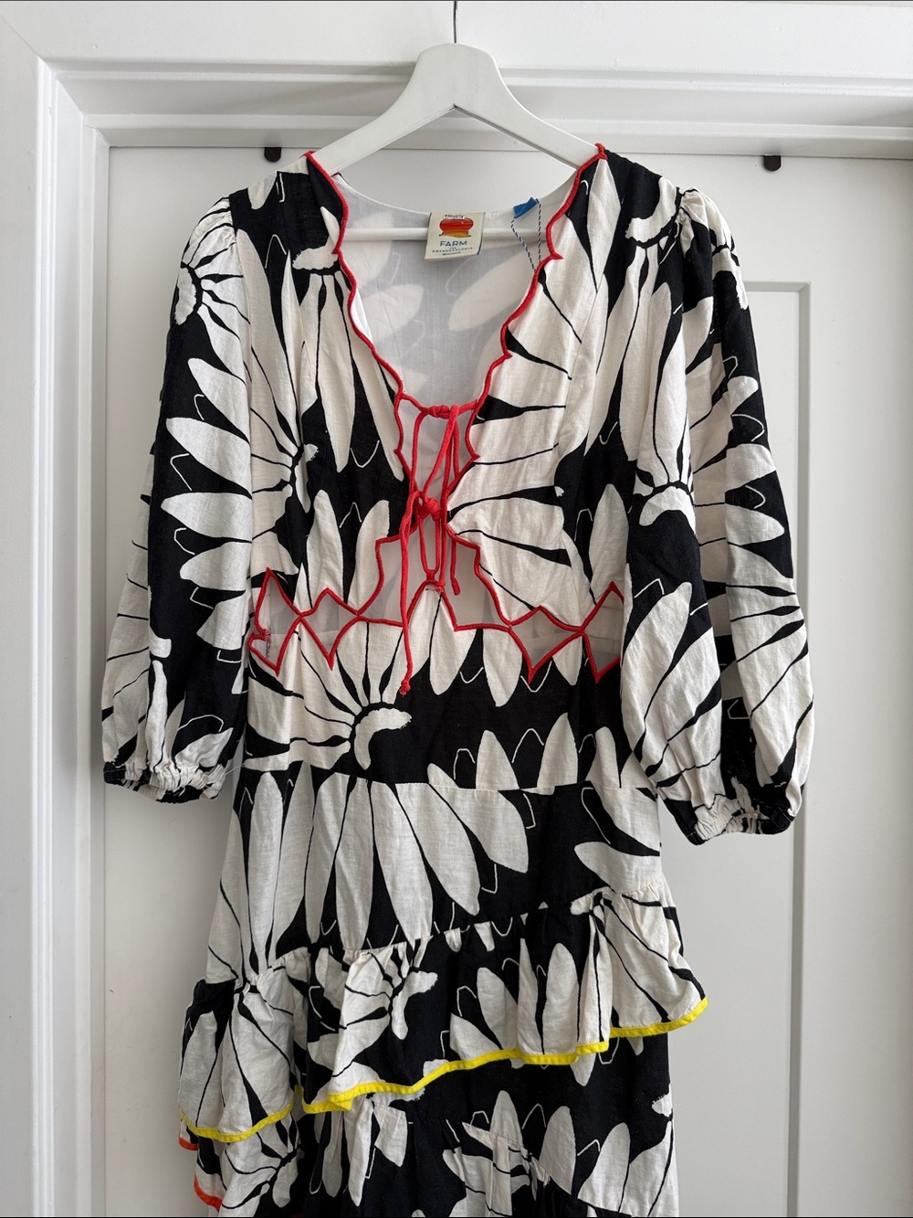 Anthropologie Black & White Floral Tunic with Red Trim